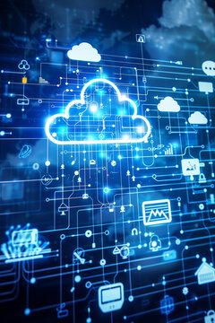 Online, cloud storage, contact, computing, tablet, phone home devices with online. linking computer to cloud with server, connection. Devices connected to storage in the data center.