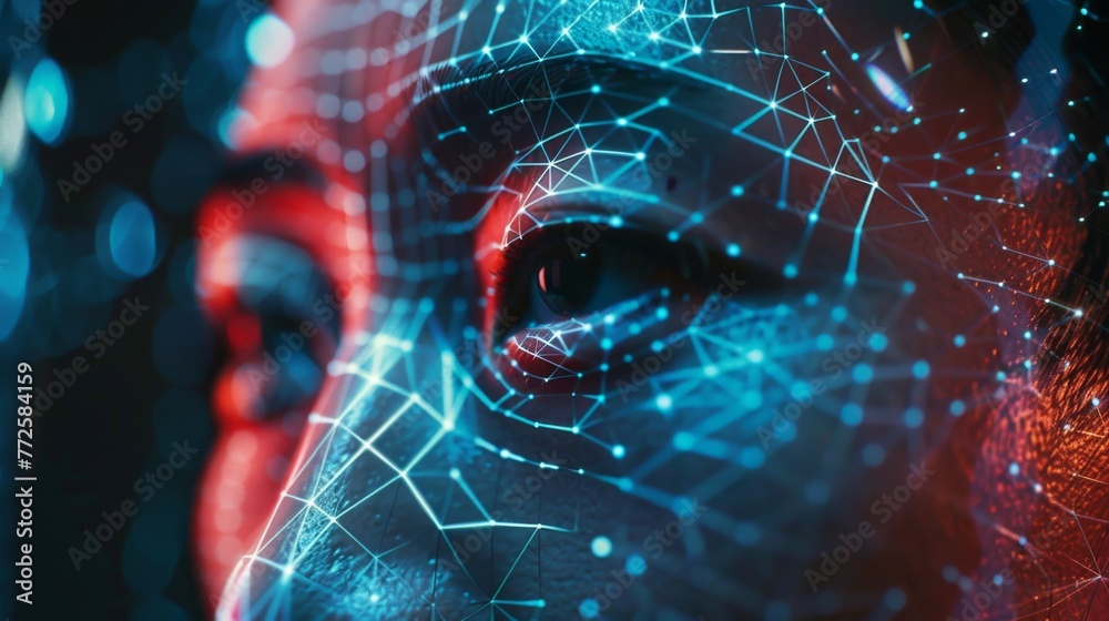 Poster close-up view of futuristic robot face with glowing red eye
