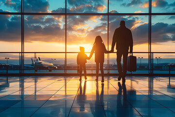Family at airport travelling with young child walking to departure gate. Family vacation and holidays concept with silhouette of parents and kid. Travel lifestyle banner or background for air travel - obrazy, fototapety, plakaty