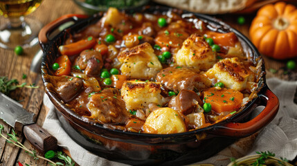 Beef stew in frying pan. Stewed potatoes with meat. Delicious traditional food - obrazy, fototapety, plakaty