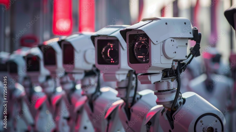 Poster row of pink and white robots standing