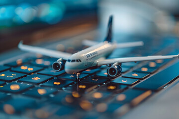 airplane model on laptop keyboard, online ticket booking flight schedule - obrazy, fototapety, plakaty