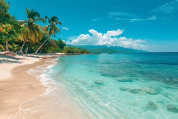 Fototapeta na wymiar Beautiful beach with palms and turquoise sea in Jamaica island