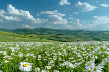 Beautiful spring and summer natural panoramic pastoral landscape with blooming field of daisies in...