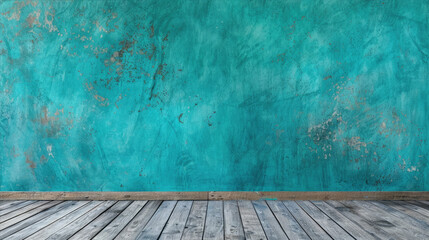 Blue turquoise empty wall and wooden floor