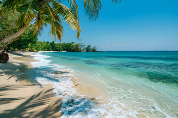 Beautiful beach with palms and turquoise sea in Jamaica island - obrazy, fototapety, plakaty