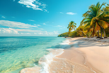 Beautiful beach with palms and turquoise sea in Jamaica island - obrazy, fototapety, plakaty