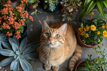 Top view of a ginger cat surrounded by plants and flowers in a courtyard