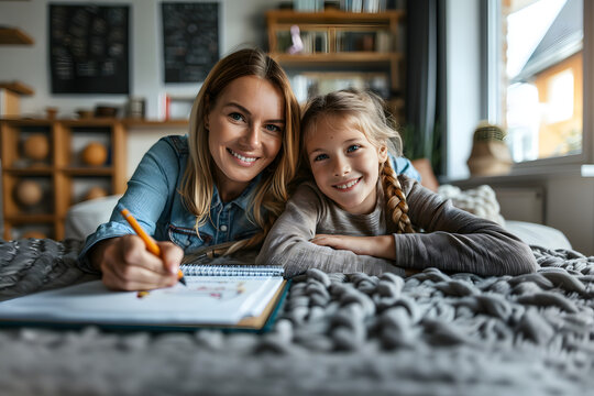 Cheerful woman helping her smiling daughter doing homework. Happy mother assisting her daughter with school homework in living room.
