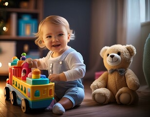 Joyful Playtime: Baby Engages with Toy Train and Teddy Bear