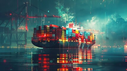 Container ship carrying container boxes import export dock with quay crane. Business commercial trade global cargo freight shipping logistic and transportation worldwide oversea concept. Generative AI