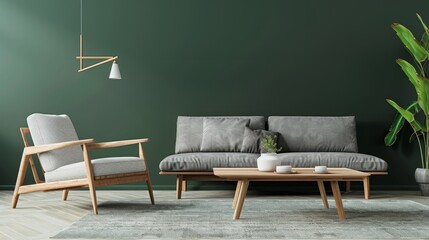 Modern living room with stylish furniture and green wall, elegant interior design