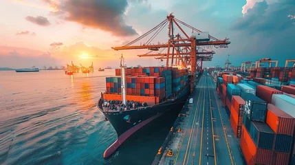 Fotobehang Container ship carrying container boxes import export dock with quay crane. Business commercial trade global cargo freight shipping logistic and transportation worldwide oversea concept. Generative AI © MstRoksana