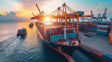 Container ship carrying container boxes import export dock with quay crane. Business commercial trade global cargo freight shipping logistic and transportation worldwide oversea concept. Generative AI - obrazy, fototapety, plakaty