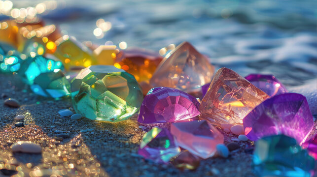 Colorful neon gemstones on a beach. Mystical glow.