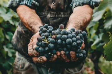 Male farmer's hands harvesting ripe grapes, viticulture and winemaking