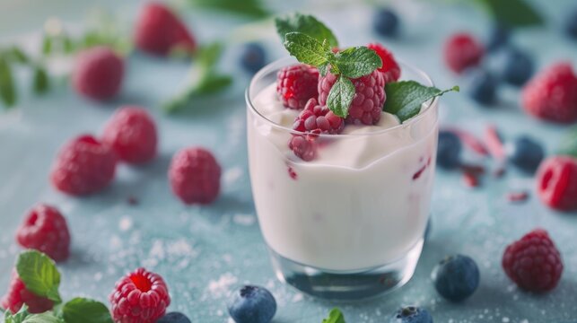 Close up Fresh healthy yogurt on glass at the table. AI generated image