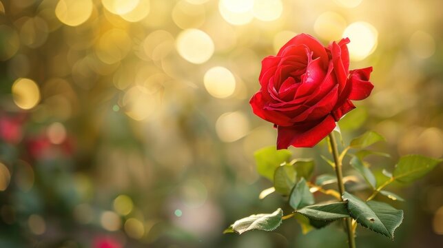 Beautiful fresh red rose flower on nature blur background. AI generated image