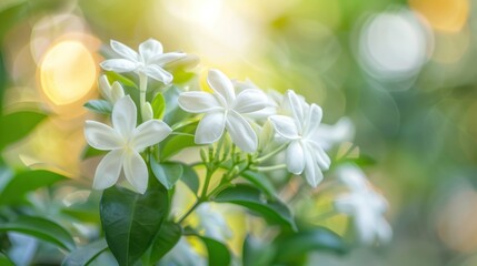 Closeup white jasmine flower on natural blur background. AI generated image - obrazy, fototapety, plakaty