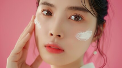 Fototapeta premium Young asian woman using cosmetic cream wallpaper background