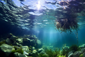 Fototapeta na wymiar Emerald Underwater Ecosystem: A Mesmerizing Display of Algae’s Vital Role in Marine Life
