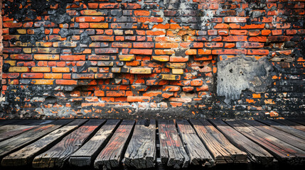 Empty bricks wall and wooden floor