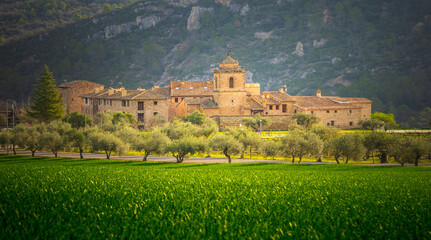 road view entrance to the tourist town Ligüerre de Cinca Aragon Spain