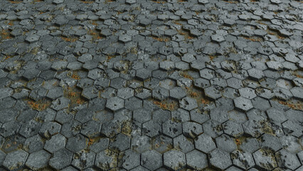 old hexagonal stone floor covered with moss and algae. texture, hexagonal pattern, Dark hexagon...