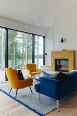 Fototapeta premium Modern living room with yellow chair and blue sofa by a cozy fireplace