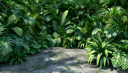 A dense jungle teeming with plant life and towering trees in a natural landscape
