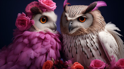 Two purple owls in love