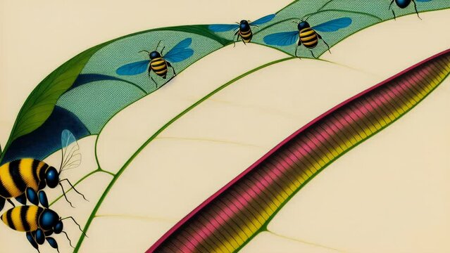 Generative ai animation abstract flowers and bees. Fantasy vintage botanical illustration 