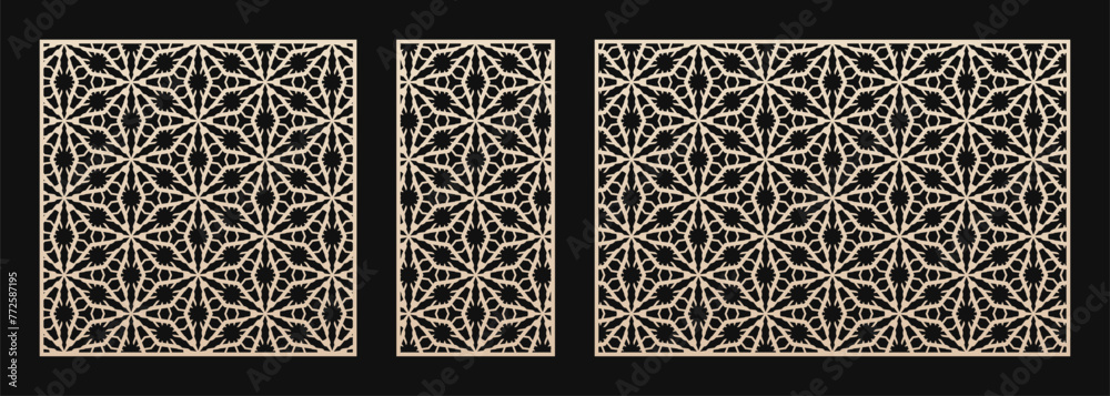 Poster laser cut pattern set. vector design with geometric ornament, abstract floral grid, mesh, lattice. t
