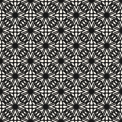 Abstract geometric mosaic ornament. Black and white vector seamless pattern with grid, lattice, net, ornamental shapes, floral silhouettes. Simple monochrome background texture. Repeated geo design