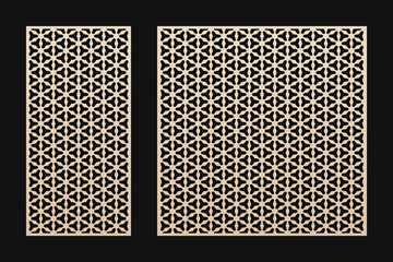 Laser cut patterns set. Vector decorative panels design with geometric ornament, abstract floral grid, lattice. Template for cnc cutting of wood, metal, plastic, paper, acryl. Aspect ratio 1:2, 1:1
