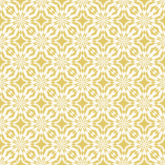 Abstract golden geometric seamless pattern. Vector gold and white background. Modern geo ornament with floral silhouettes. Texture with diamonds, stars, mosaic grid, repeat tiles. Luxury design