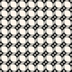 Vector monochrome geometric seamless pattern with rounded grid, lines, net, mesh, lattice, circles, curved shapes. Simple abstract black and white background. Geometric texture. Repeated geo design