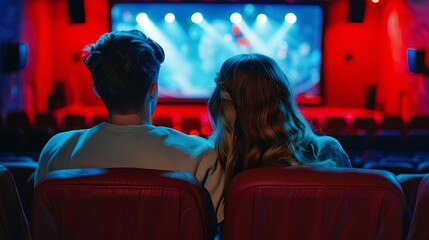 Couple boy and girl sits in movie cinema hall wallpaper background