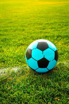 Imagen vertical e un balón color azul sobre una cancha profesional de Soccer 