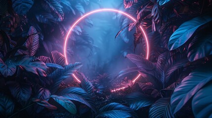 A mystical neon circle glowing amidst lush tropical foliage in a foggy atmosphere