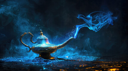 Genie's lamp - the fulfillment of three wishes. Magical glow effect