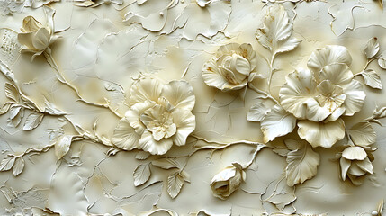Venetian plaster texture with floral plasterwork,  beige background, high resolution decoration material