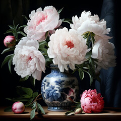 Beautiful prints and arrangements in flower vases of various colors with peonies, orchids and other beautiful flowers.