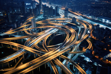 Twisting Roads of City's Nighttime Traffic - obrazy, fototapety, plakaty