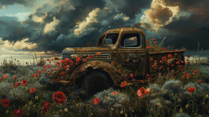 A rusty old truck with poppies growing out of it, standing in the middle of an open field under dark clouds. - obrazy, fototapety, plakaty