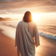 Jesus walking at the sea sand beach 