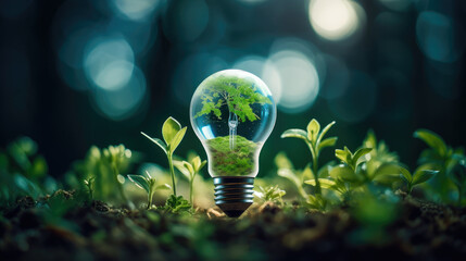 Sustainable Energy Concept with Greenery and Lightbulb - obrazy, fototapety, plakaty