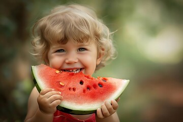 Happy child eating juicy watermelon