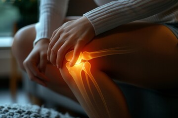 Detailed artwork of a woman holding her knee, highlighting knee joint ailments