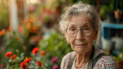 Grandmother woman gardener working in garden wallpaper background